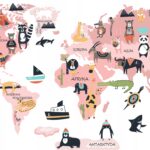 Naklejka Mapa Świata 5 zwierzęta dla dzieci