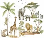 Naklejki na ścianę dla dzieci Zwierzęta Safari Słoń Żyrafa Palmy