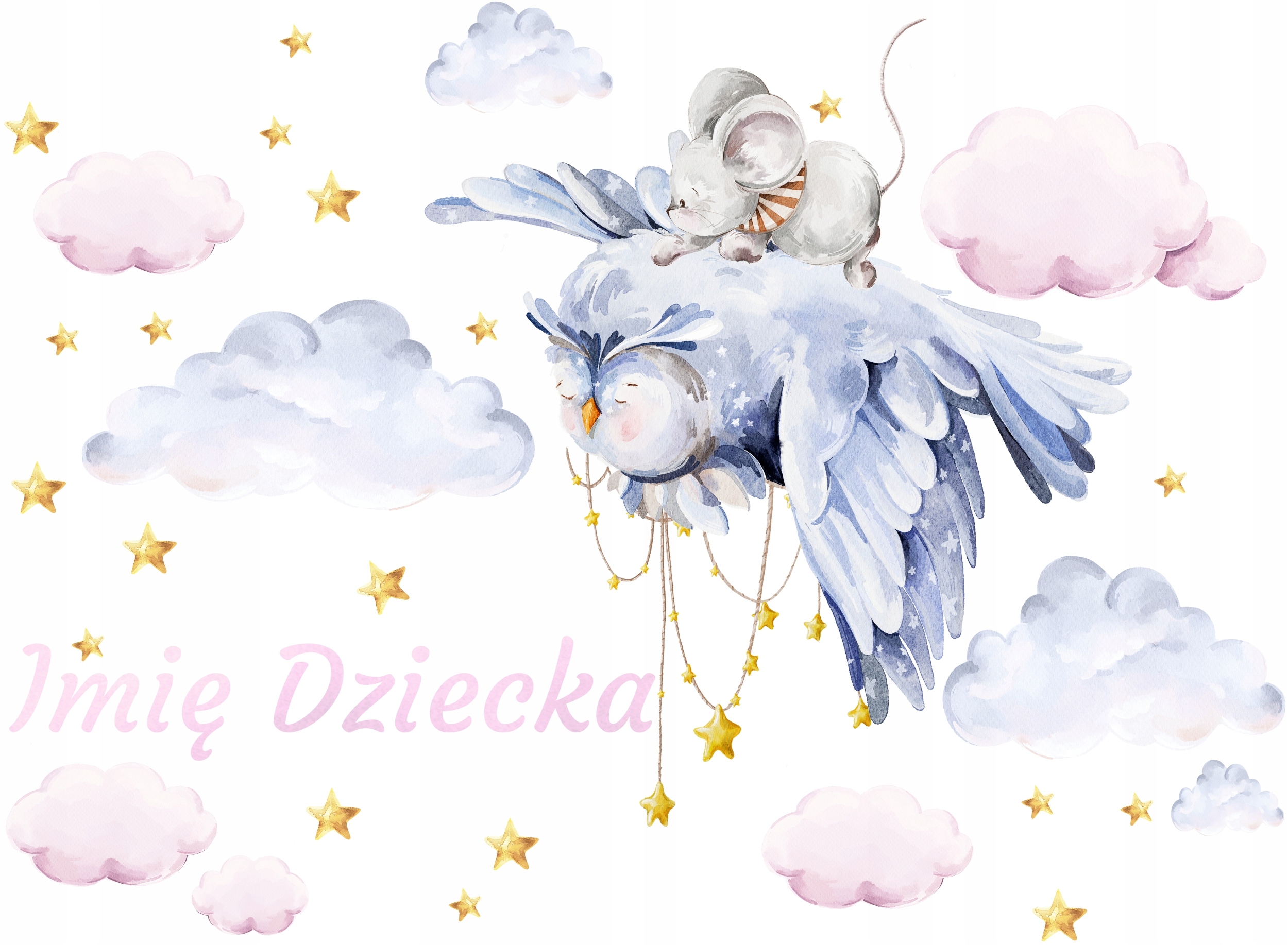 b2620fb44873b0433e0c07f0c44f Naklejki na ścianę dla dziewczynki Sowa Chmurki Gwiazdki z Imieniem Różowe - obrazek 1