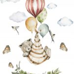 Naklejki na ścianę dla dzieci Zwierzątka Leśne Miś z Balonami Chmurki