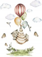 Naklejki na ścianę dla dzieci Zwierzątka Leśne Miś z Balonami Chmurki