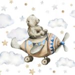 Naklejki na ścianę dla dzieci Niedźwiedź Miś w Samolocie Chmurki Gwiazdki
